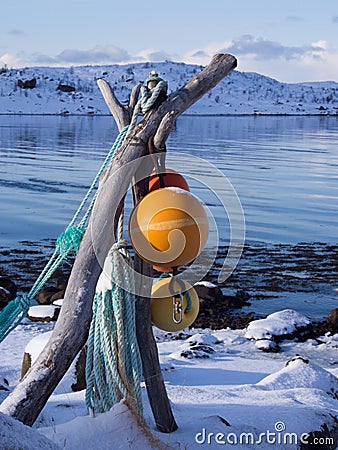 Colorful fishing bobbers on Lofoten, Norway Stock Photo