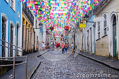 Colorful flag decorating the feast of Sao Joao in Pelourinho, Historic Center of Salvador, Bahia. Editorial Stock Photo
