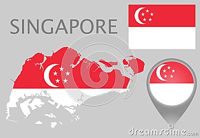 Singapore flag, map and map pointer Cartoon Illustration