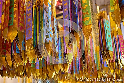 Colorful flag in the temple during the Thai festival, Chinag Mai Thailand. Editorial Stock Photo