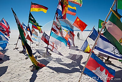 Colorful flags from all over the world at Uyuni Salt Flats, Bolivia, South America Editorial Stock Photo