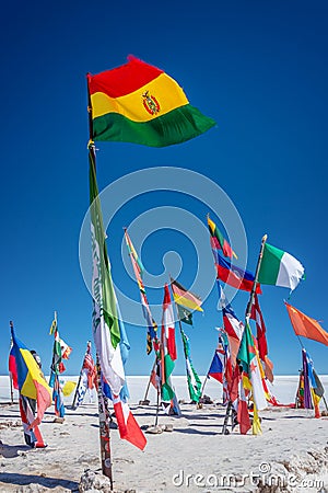 Colorful Flags From All Over the World at Uyuni Salt Flats, Bolivia South America Stock Photo