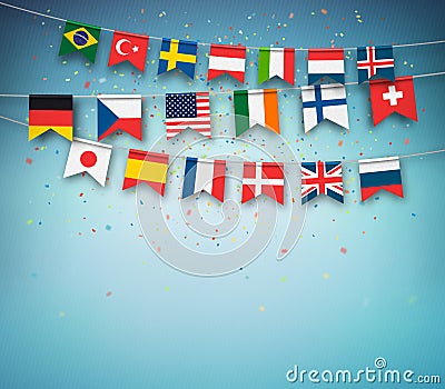 Colorful flags of different countries world. Garland with international banners Vector Illustration
