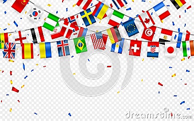 Colorful flags garland of different countries of the europe and world with confetti. Festive garlands of the international pennant Vector Illustration