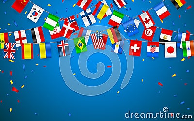 Colorful flags garland of different countries of the europe and world with confetti. Festive garlands of the international pennant Vector Illustration