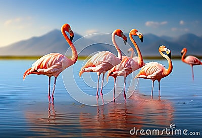 Colorful flamingo family in a bluish lake mountain Stock Photo