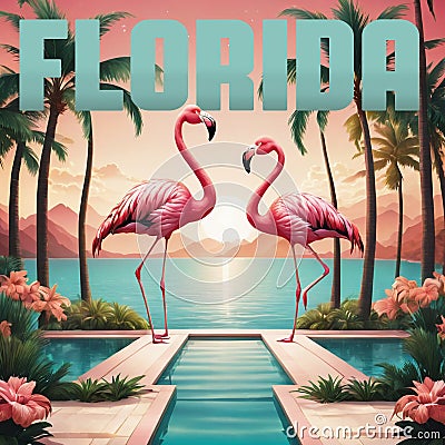 Florida Travel Poster with Pink Flamingos and resort Stock Photo