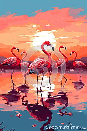 Colorful flamingos standing in a shallow lake against a sunset.AI generated Stock Photo