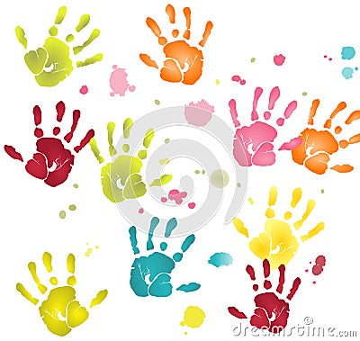 Colorful flat hands imprints with paint blots Stock Photo