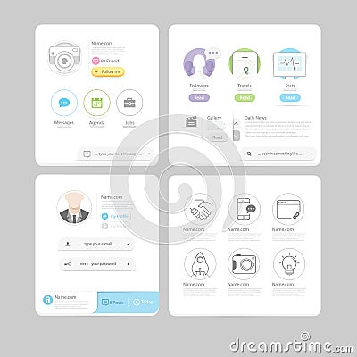 Colorful flat kit UI navigation kit elements with icons for personal portfolio website and mobile templates Vector Illustration