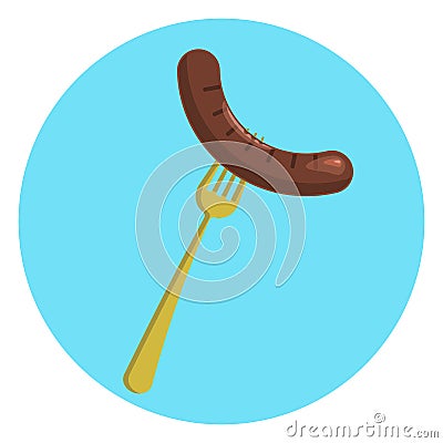 Colorful flat tasty grilled sausage on a yellow gold fork symbol. Stock Photo