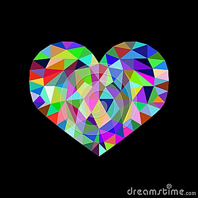 Colorful flat vector low poly heart icon isolated on black background, EPS 10 Vector Illustration