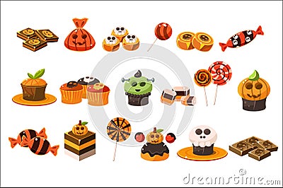 Colorful flat vector set of various Halloween sweets. Lollipops, delicious cupcakes and chocolate. Tasty desserts. Trick Vector Illustration