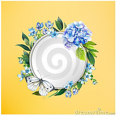 Colorful floral background with beautiful flowers. Blue hydrangea, butterfly and leaves. Stock Photo