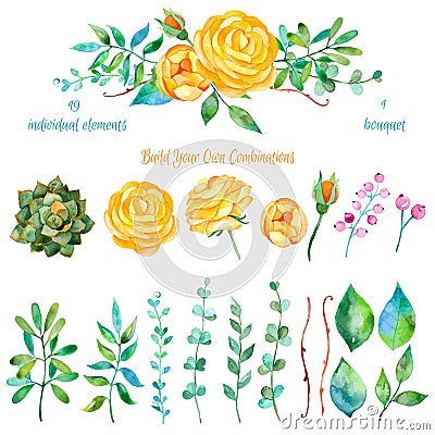 Colorful floral collection with flowers + 1 beautiful bouquet. Set of floral elements for your compositions. Vector Illustration