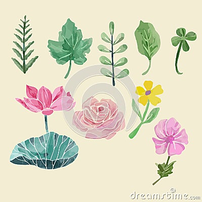 Colorful floral collection with leaves and flowers, drawing watercolor. Vector Illustration