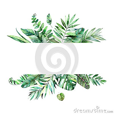 Colorful floral frame with colorful tropical leaves. Stock Photo