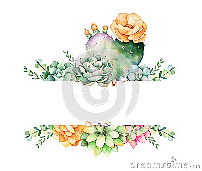 Colorful floral frame with leaves,succulent plant,branches and cactus. Stock Photo