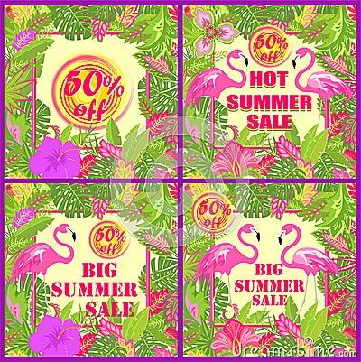 Colorful floral labels variation for hot summer sale with tropical leaves, sun, exotic flowers and pink flamingos Vector Illustration