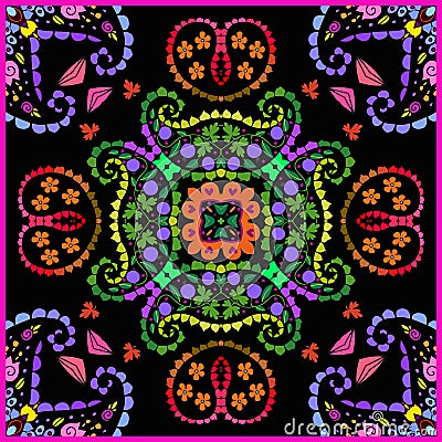 Colorful floral ornament on black background. Beautiful square pattern for ceramic tile. Bandana print, scarf, shawl, napkin Vector Illustration