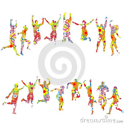 Colorful floral patterned silhouettes of jumping people Vector Illustration