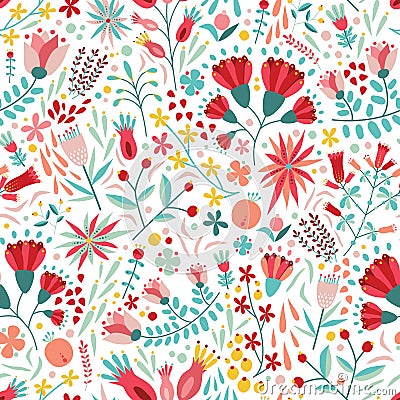 Colorful floral seamless pattern with berries, leaves and flowers on white background. Decorative botanical backdrop Vector Illustration