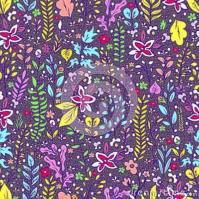 Colorful floral seamless pattern, doodle cartoon flowers, exotic natural background, hand drawing. Multi-colored bright plant Vector Illustration