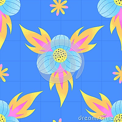 Colorful floral seamless pattern with flowers and fire on a checkered blue background. Contemporary surface design Vector Illustration