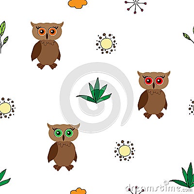 Colorful floral seamless pattern with owls, filin bird cartoon. Outlined vector illustration. Flat style. Vector Illustration