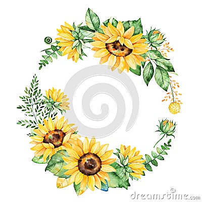 Colorful floral wreath with sunflowers,leaves,foliage,branches,fern leaves and place for your text. Stock Photo