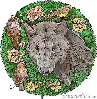 Colorful floristic image . wolf and birds Vector Illustration