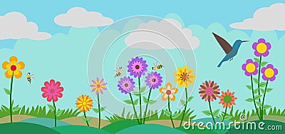 Colorful Flower, Bees and Bird at Garden Vector Illustration Background Vector Illustration