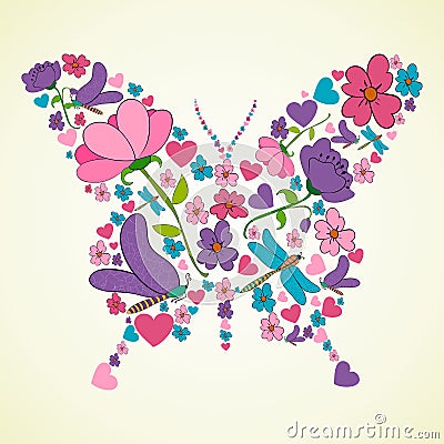 Beautiful spring flowers butterfly shape Vector Illustration