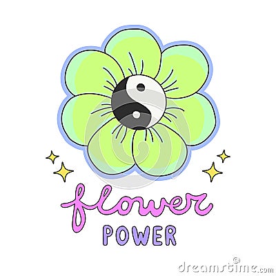 Colorful Flower Power lettering with 60s hippie style ying-yang daisy flower Vector Illustration