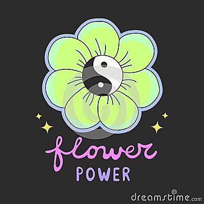 Colorful Flower Power lettering with 60s hippie style ying-yang daisy flower Vector Illustration