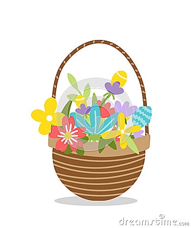 Colorful flower woven basket. Wicker spring or summer floral basket. Flat, cartoon, isolated Vector Illustration