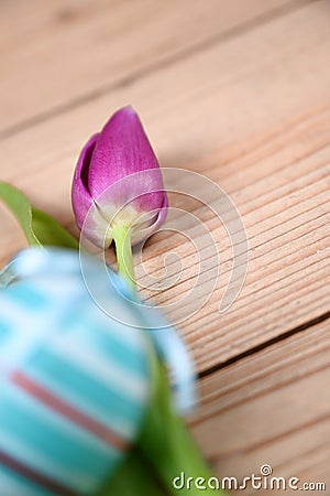 Colorful flowering beautiful bouquet of tulips and eastern egg Stock Photo