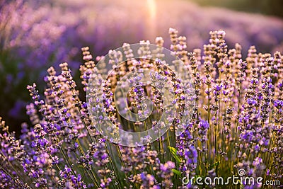 Colorful flowering lavandula or lavender field in the dawn light Stock Photo