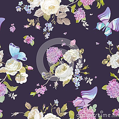 Colorful Flowers Background with Butterflies. Seamless Floral Pattern Vector Illustration