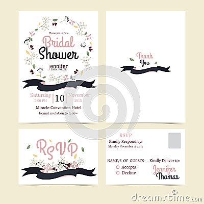 Colorful flowers Bridal Shower card illustration set. Vector Illustration