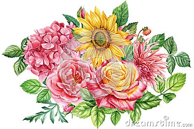 Colorful Flowers and leaves, floral illustration for invitation, birthday, card, design. Sunflower, hydrangea and rose Cartoon Illustration