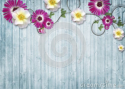 Colorful flowers over blue wooden background with copy space Stock Photo