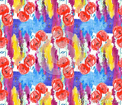 Colorful and flowers poppy, watercolor, pattern seamless Stock Photo