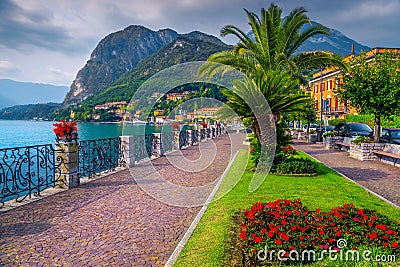 Colorful flowers and spectacular walkway, Lake Como, Menaggio, Lombardy, Italy Stock Photo