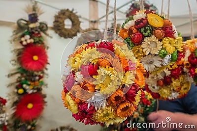 Colorful flowery decorations for sale Stock Photo