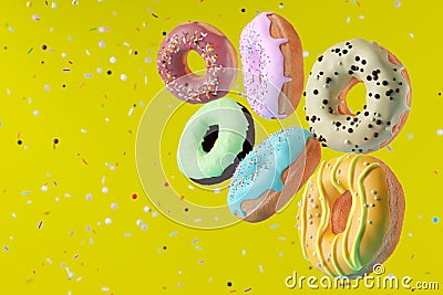 Colorful flying doughnuts with sprinkles on yellow background. Cartoon Illustration