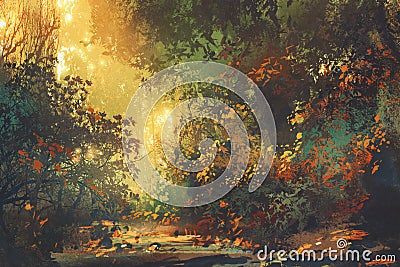 Colorful forest with trees and flowers in spring at sunset Cartoon Illustration