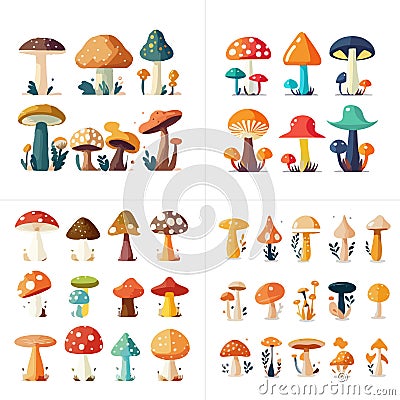 Colorful forest wild collection of assorted edible mushrooms, vector illustration Cartoon Illustration
