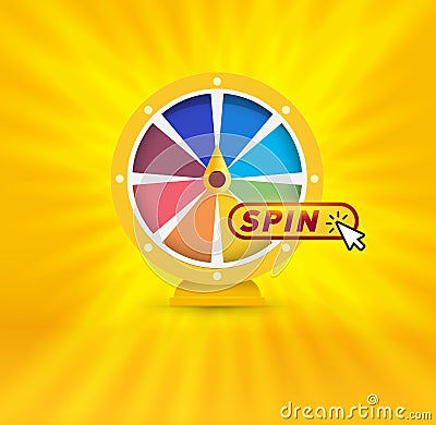 Colorful fortune wheel banner. Gambling website emblem. Casino symbol. Random choice poster. Isolated spin and win game Vector Illustration