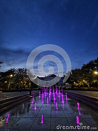 A colorful fountain in the middle of a city park in Otwock, opposite the Konstanty Ildefons Galczynski High School. Stock Photo